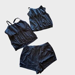 Swim by Cacique Black 3 Pieces- Tankini Swimsuit Set Mesh Polka Dot Womens 18
